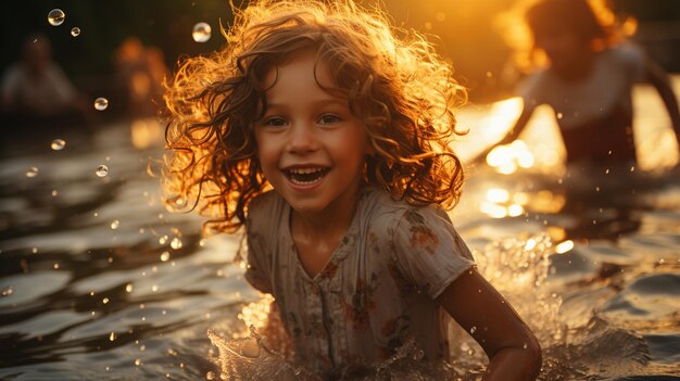 une fille appendicite jouant dans l'eau le soir