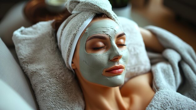 Photo une fille applique un masque cosmétique à son visage près d'une table avec un miroir