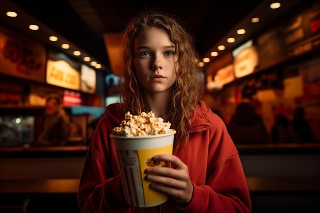 Photo une fille apprécie le pop-corn au théâtre