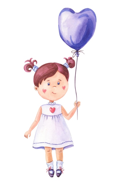 Fille aquarelle avec coeur de ballon violet. Carte pour la Saint Valentin. Enfant mignon