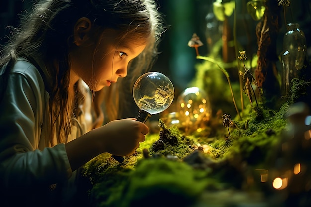 Photo une fille arafed regardant un petit jardin de fées avec une loupe ia générative