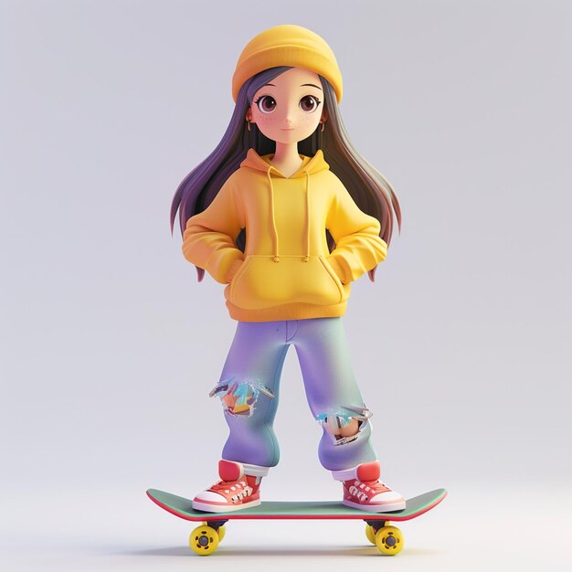 Une fille arrafée dans un capuchon jaune et un jean bleu sur un skateboard génératif ai