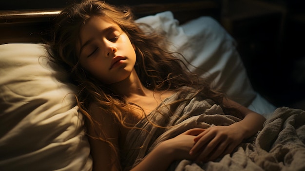 une fille arrafée dormant dans le lit avec les yeux fermés IA générative