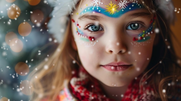 Une fille arrafée avec du maquillage de Noël et un chapeau de Père Noël.