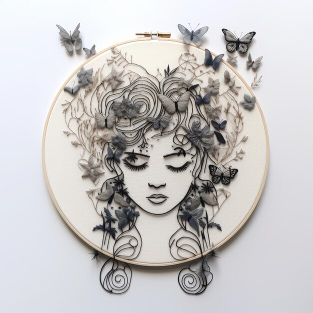 Fille d'art en papier brodé avec des papillons dans un style élégant et émotionnel