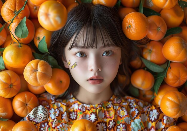 Photo une fille asiatique allongée dans un tas d'oranges