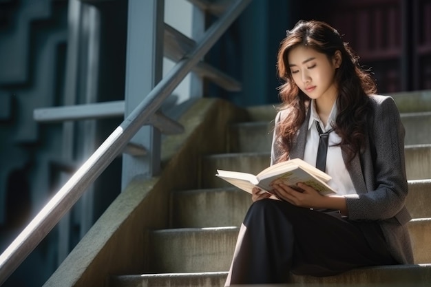 Fille asiatique assise dans les escaliers dans une jupe lisant un livre