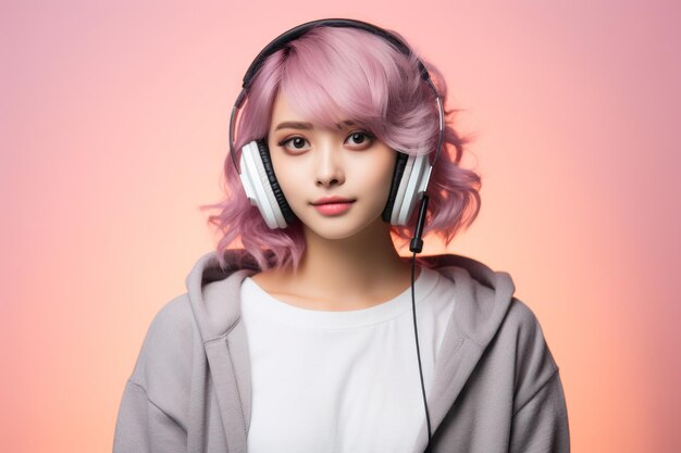 fille asiatique aux cheveux roses portant des écouteurs sur fond rose