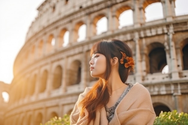 Une fille asiatique contre le Colisée Rome Italie Une femme touristique visite le célèbre monument italien Generative AI