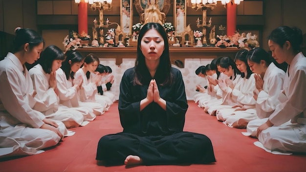 Photo une fille asiatique dans un contexte de rituel satanique