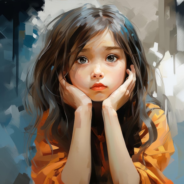 Fille asiatique dans la pensée et les doutes illustration peinte à l'huile Personnage de jeune femme avec un visage rêveur sur fond abstrait Ai a généré une affiche acrylique colorée dessinée lumineuse