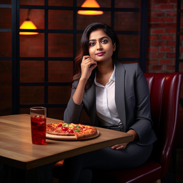 Une fille asiatique d'entreprise qui mange de la pizza.