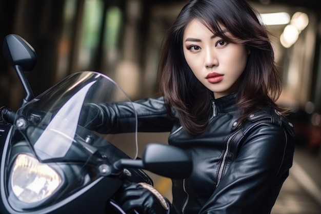 Fille asiatique de motard dans une veste en cuir sur une moto Generative AI