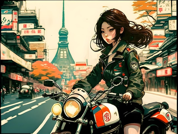 Fille asiatique sur moto à Tokyo illustration