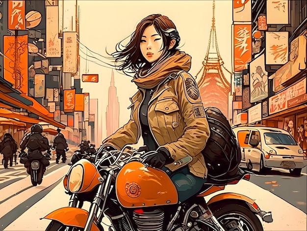 Fille asiatique sur moto à Tokyo illustration