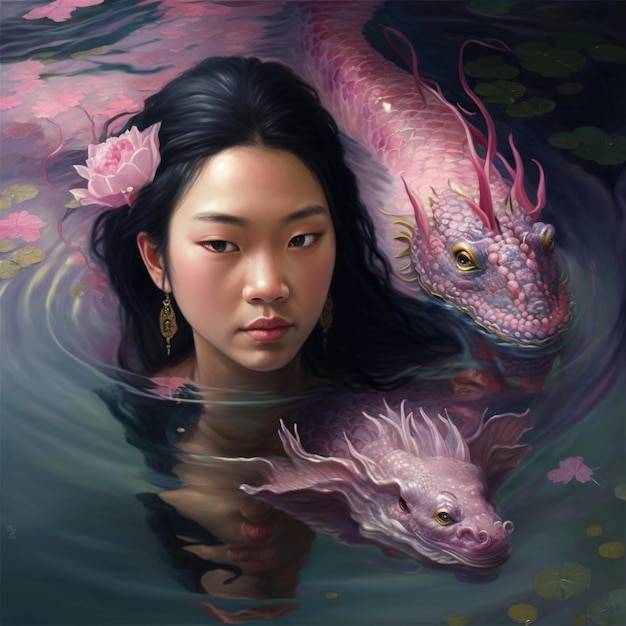 Fille asiatique avec la natation de gardien d'esprit de dragon rose