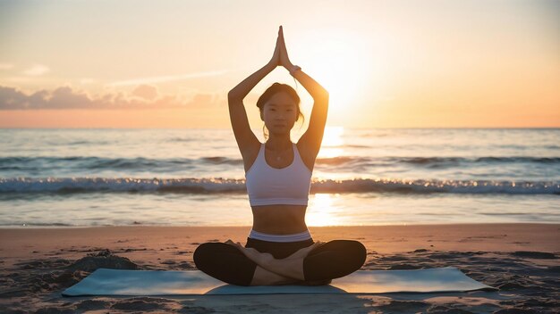 Une fille asiatique pratique le yoga sur la plage au lever du soleil.