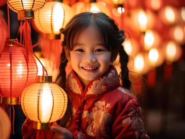 Photo une fille asiatique près des décorations du nouvel an chinois.