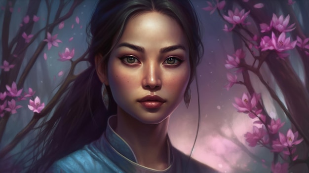 Fille asiatique près de sakura jeune jolie femme portrait et fleurs de cerisier AI générative