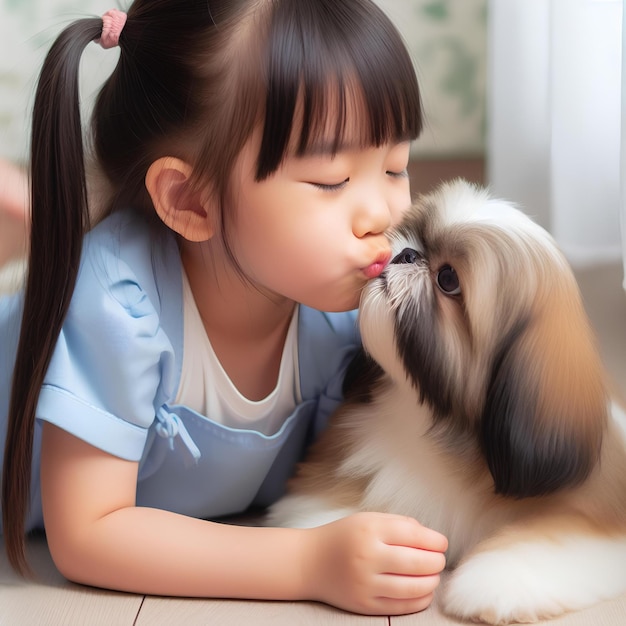 Photo une fille asiatique s'embrassant avec un chien shitzu