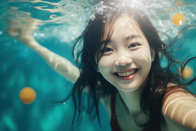 Fille asiatique sous l'eau plongeant et souriant avec les yeux ouverts