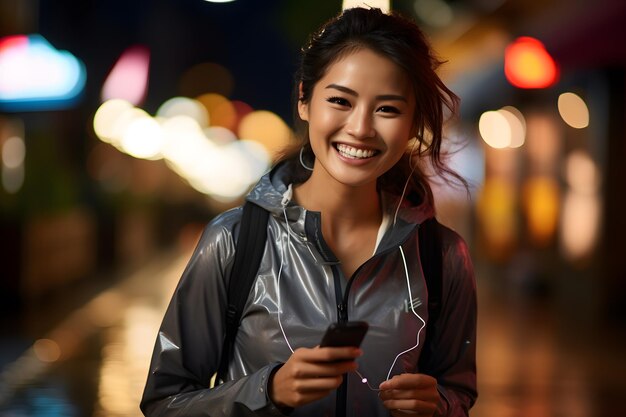 Fille asiatique avec le téléphone souriant