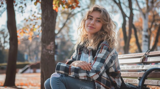 Une fille assise sur un banc du parc.