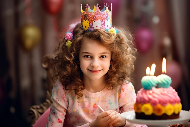 Photo fille assise sur le canapé dans un chapeau d'anniversaire coloré et tenant un gâteau