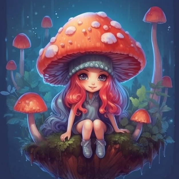 Une fille assise sur un champignon au milieu d'une forêt générative ai