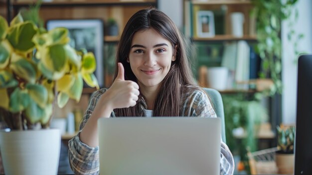 Photo fille assise dans le bureau avec un ordinateur portable sur ses genoux montrant le pouce vers le haut université verte