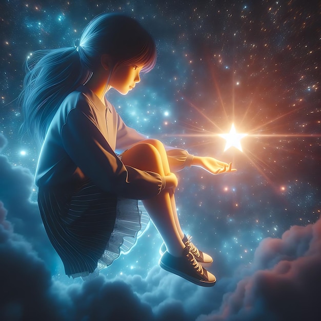 une fille assise dans le ciel avec des étoiles
