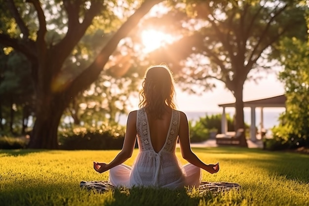 Une fille assise sur l'herbe absorbée par sa pratique du yoga faite avec une IA générative