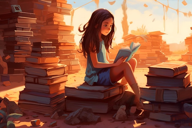 Une fille assise sur une pile de livres et qui lit.