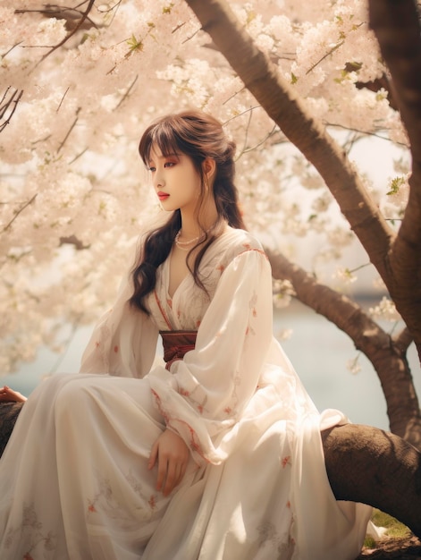 Une fille assise près d'un cerisier dans le style de tons doux et rêveux he jiaying