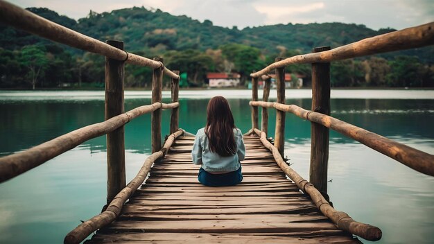 Photo une fille assise seule sur un pont en bois sur le lac pang ung en thaïlande