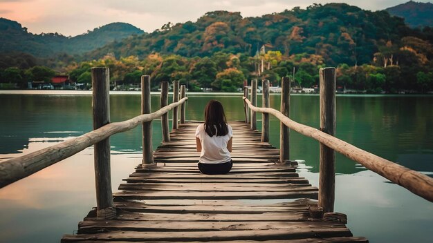 Photo une fille assise seule sur un pont en bois sur le lac pang ung en thaïlande