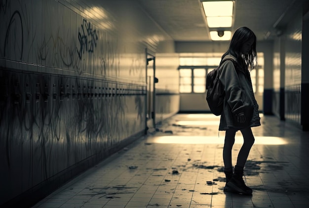 une fille assise sur le sol dans un couloir d'école dans le style de la violence esthétique