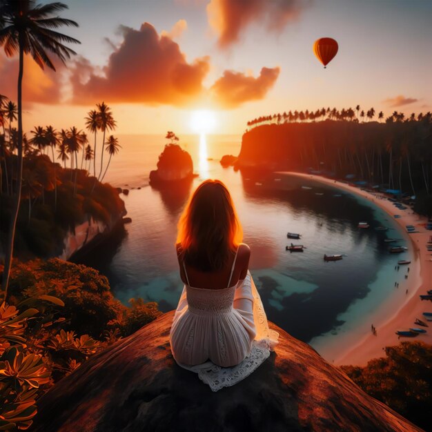 une fille assise sur le sommet de la falaise à la belle côte dans le coucher du soleil vue ai images d'arrière-plan