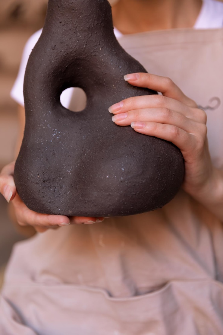 Photo une fille assise avec un vase en argile objet en argile sur une masterclass de poterie