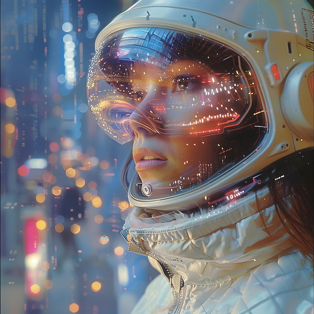 La fille astronaute dans la rue de la ville futuriste
