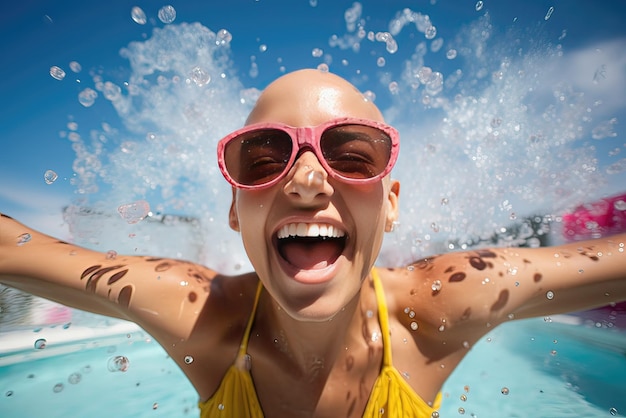 Une fille atteinte de cancer qui s'amuse dans la piscine.