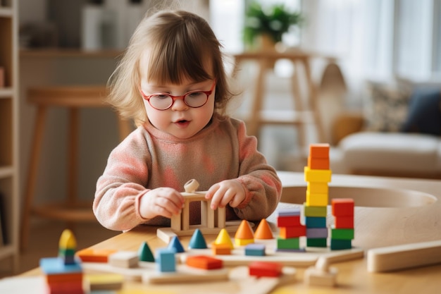 Photo une fille atteinte du syndrome de down joue à la maison à des formes en bois