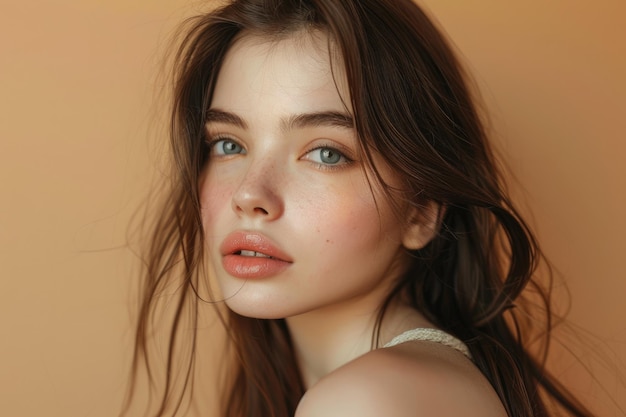 Une fille attrayante présentant du maquillage et des soins de la peau sur un fond beige