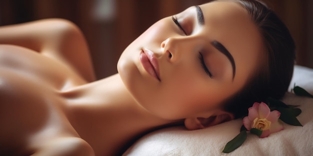 Une fille attrayante recevant un traitement de spa allongée sur une table de massage avec les yeux fermés ressentant la relaxation et le rajeunissement de la peau