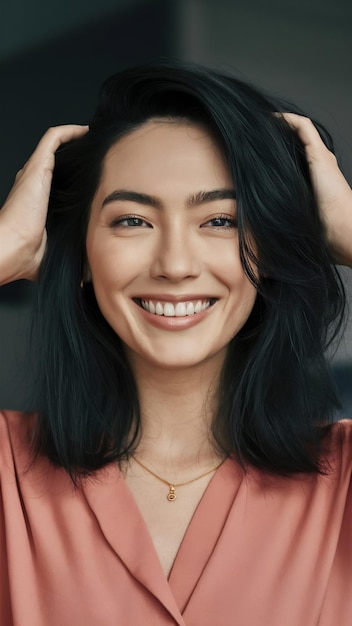 Une fille attrayante souriante photo intérieure d'un modèle féminin heureux avec des cheveux noirs