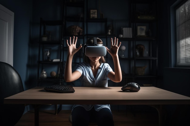 Fille au bureau jouant à la réalité virtuelle tout en levant les mains avec l'IA générative