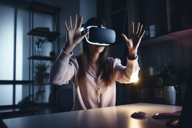 Fille au bureau jouant à la réalité virtuelle tout en levant les mains avec l'IA générative
