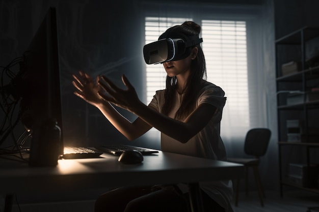 Fille au bureau jouant à la réalité virtuelle tout en levant les mains avec l'IA générative