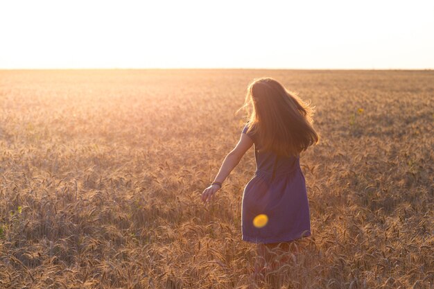 Fille au champ de blé au coucher du soleil. Paysage ukrainien