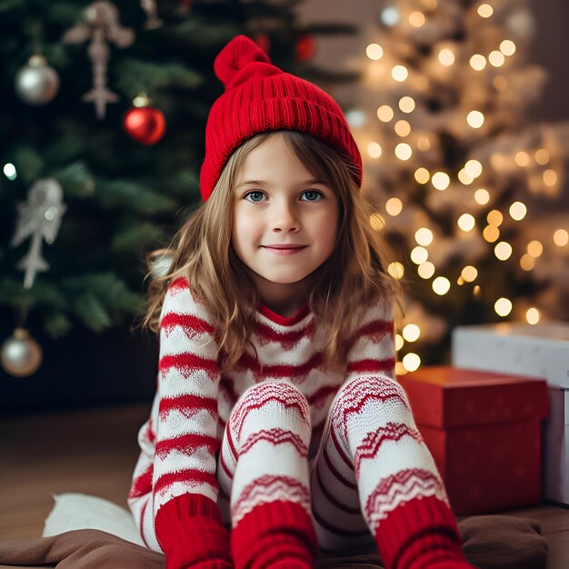 Fille au chapeau et chaussettes de Noël